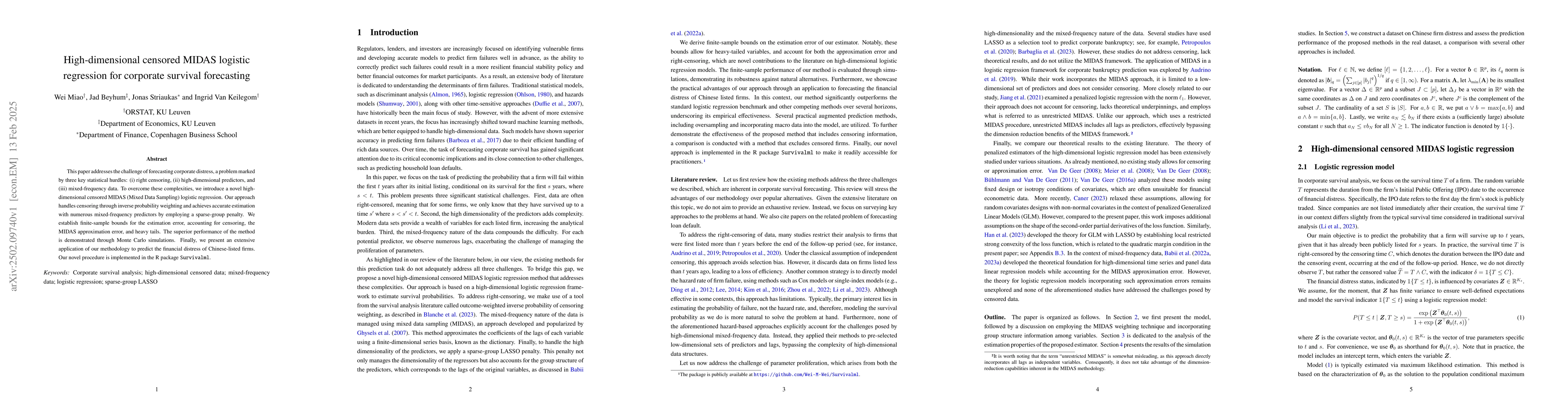 Thumbnail for High-dimensional censored MIDAS logistic regression for corporate
  survival forecasting
