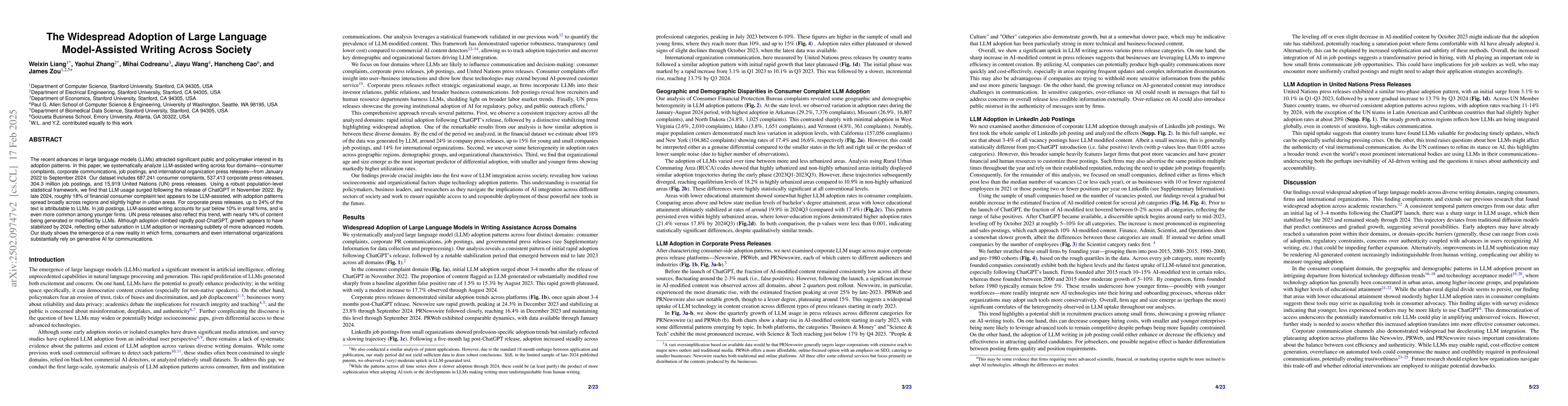 Thumbnail for The Widespread Adoption of Large Language Model-Assisted Writing Across
  Society