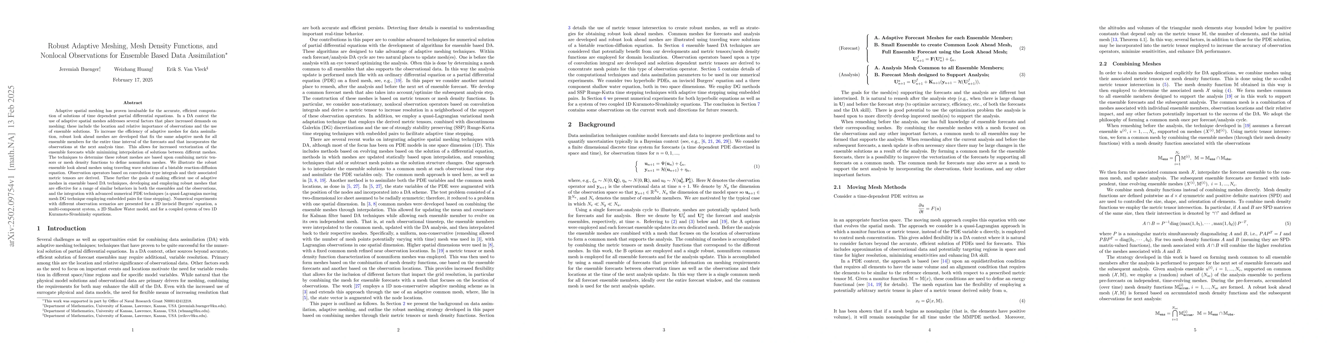 Thumbnail for Robust Adaptive Meshing, Mesh Density Functions, and Nonlocal
  Observations for Ensemble Based Data Assimilation