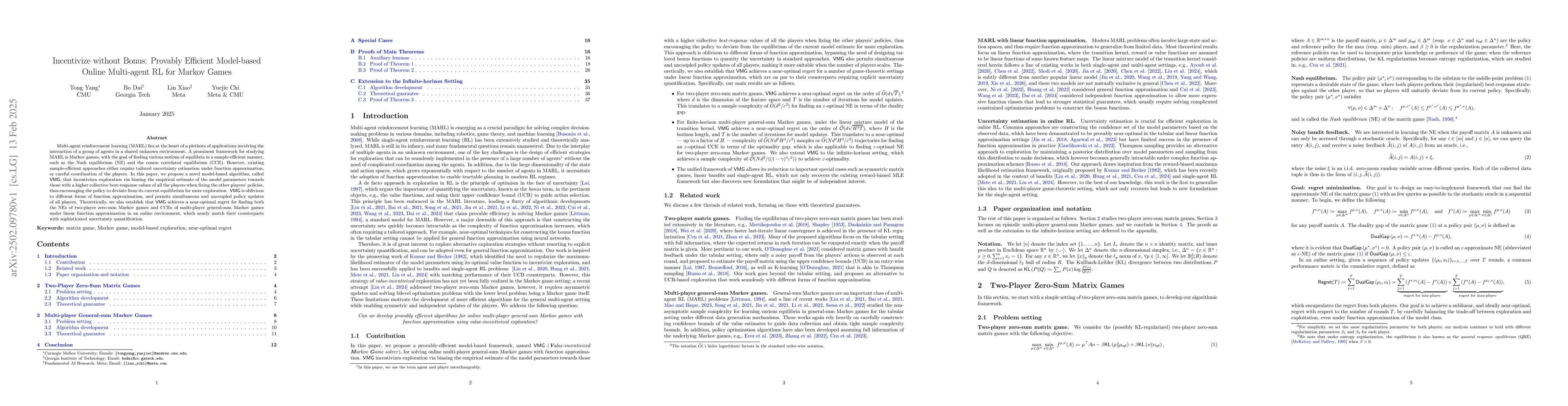 Thumbnail for Incentivize without Bonus: Provably Efficient Model-based Online
  Multi-agent RL for Markov Games