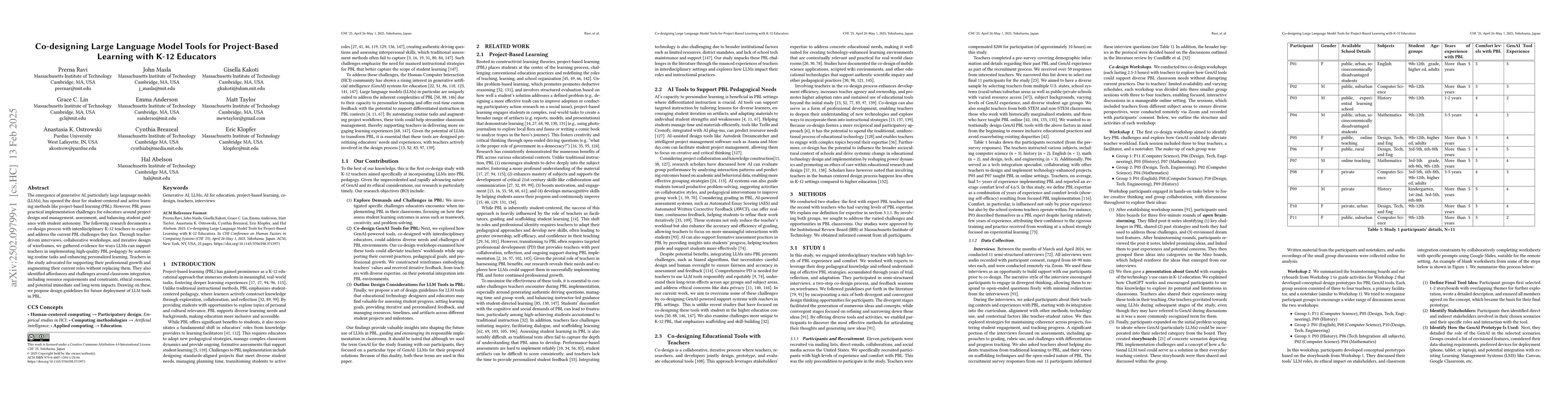 Thumbnail for Co-designing Large Language Model Tools for Project-Based Learning with
  K12 Educators
