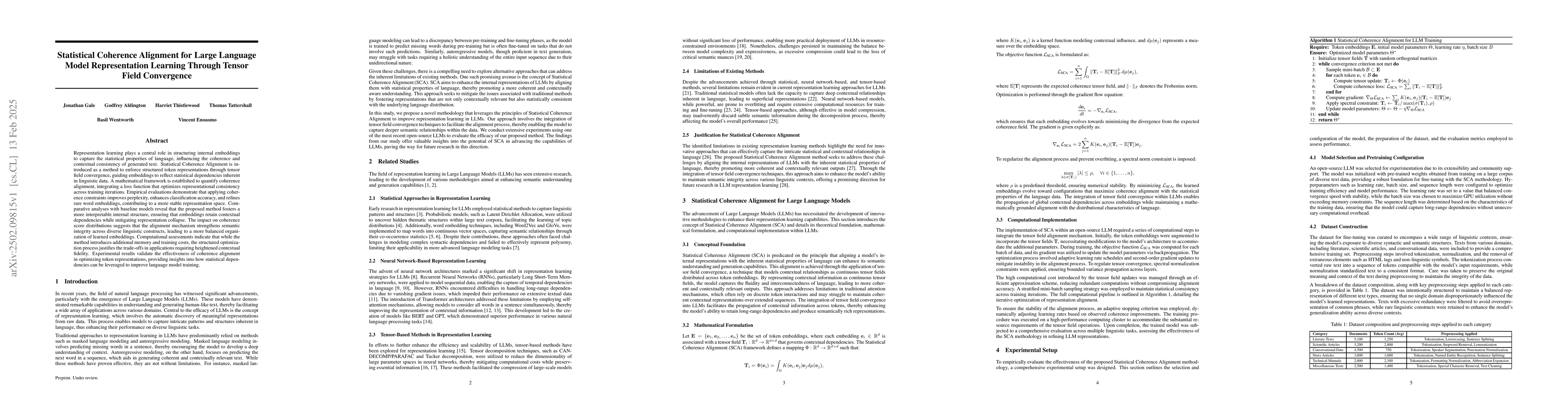 Thumbnail for Statistical Coherence Alignment for Large Language Model Representation
  Learning Through Tensor Field Convergence