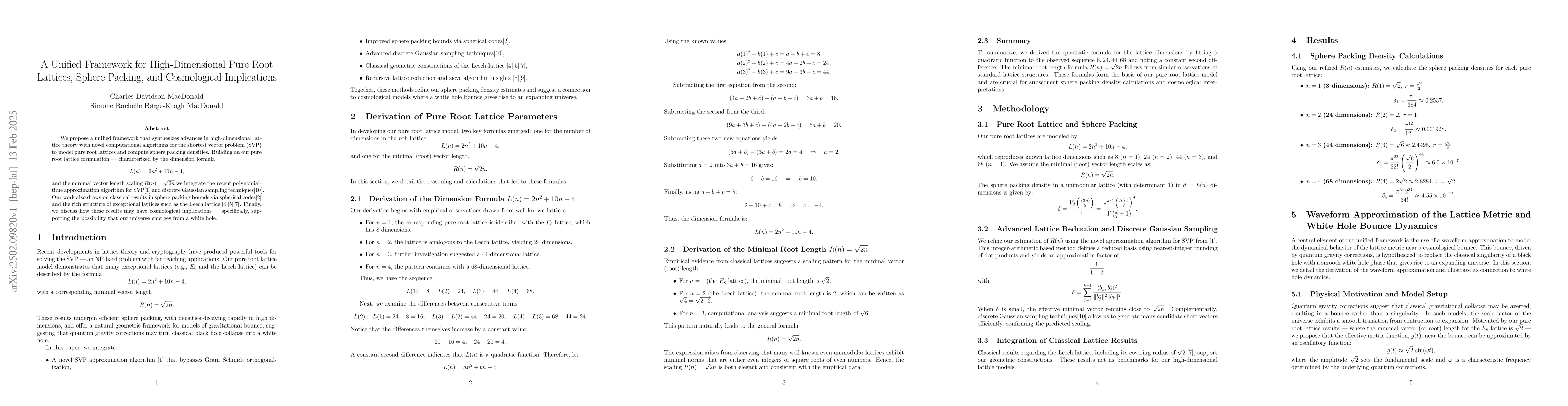 Thumbnail for A Unified Framework for High-Dimensional Pure Root Lattices, Sphere
  Packing, and Cosmological Implications