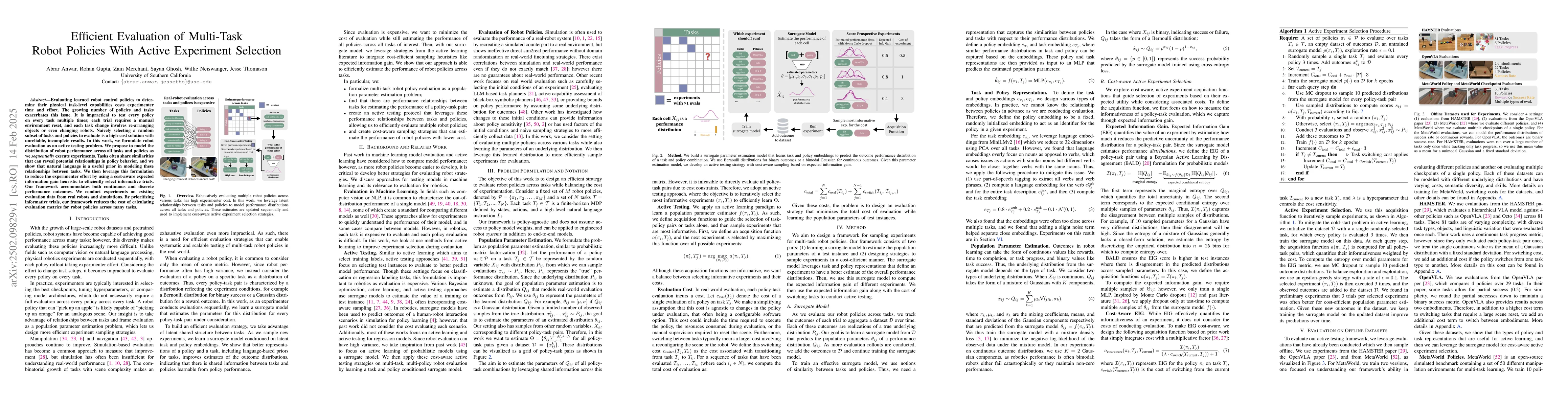 Thumbnail for Efficient Evaluation of Multi-Task Robot Policies With Active Experiment
  Selection