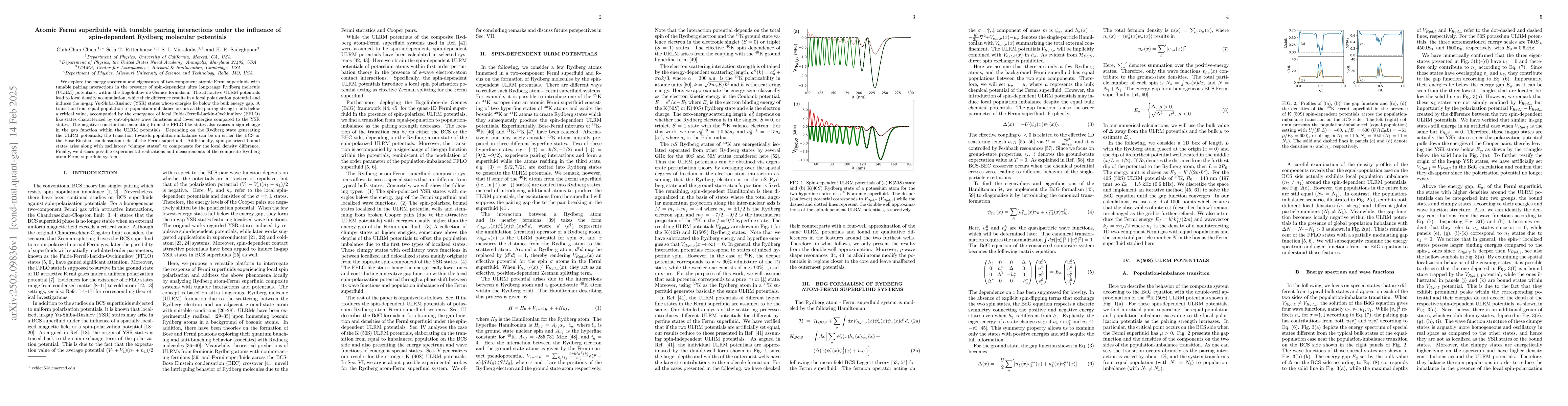 Thumbnail for Atomic Fermi superfluids with tunable pairing interactions under the
  influence of spin-dependent Rydberg molecular potentials