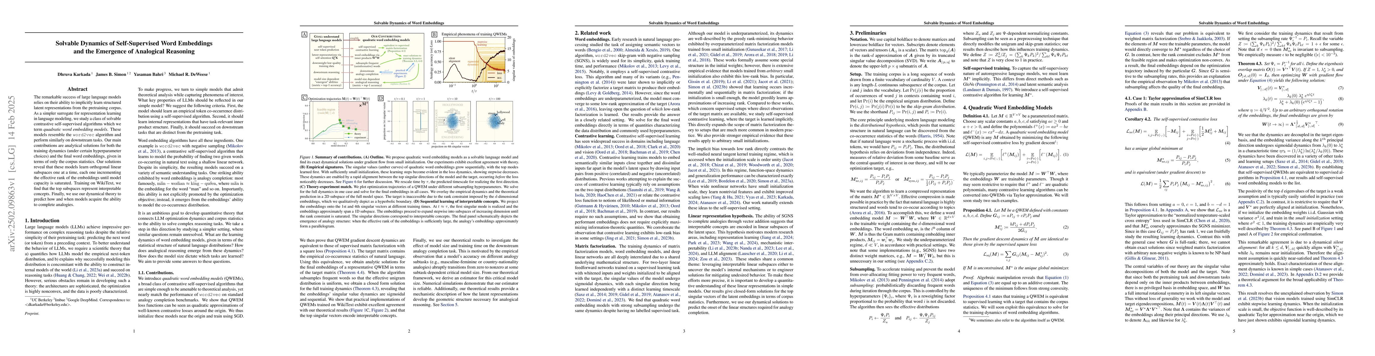 Thumbnail for Solvable Dynamics of Self-Supervised Word Embeddings and the Emergence
  of Analogical Reasoning