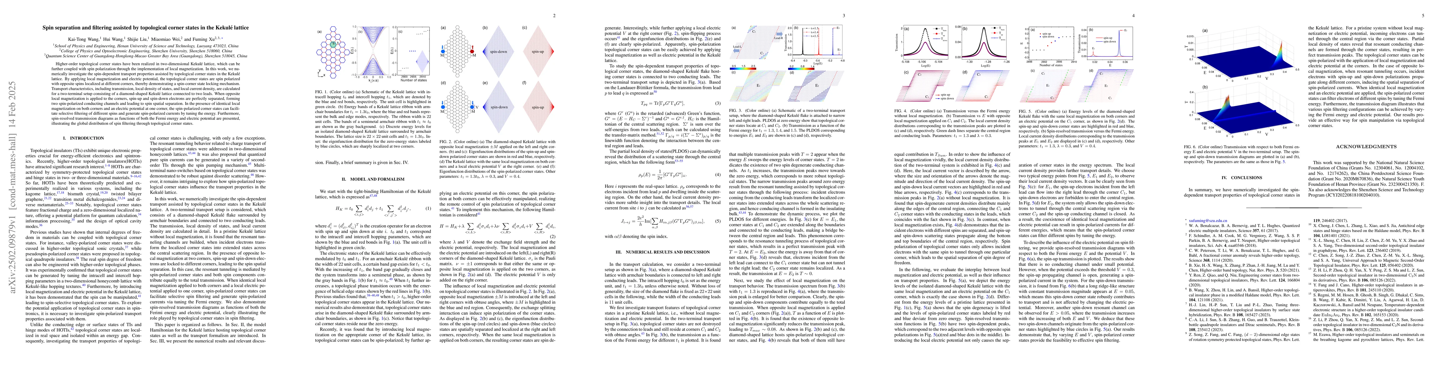 Thumbnail for Spin separation and filtering assisted by topological corner states in
  the Kekulé lattice