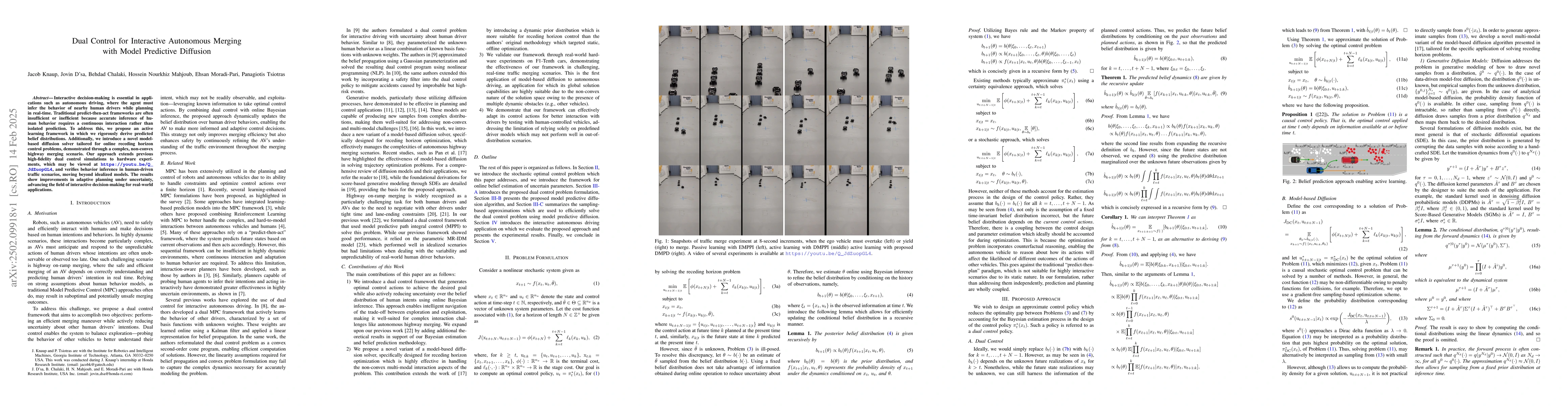Thumbnail for Dual Control for Interactive Autonomous Merging with Model Predictive
  Diffusion
