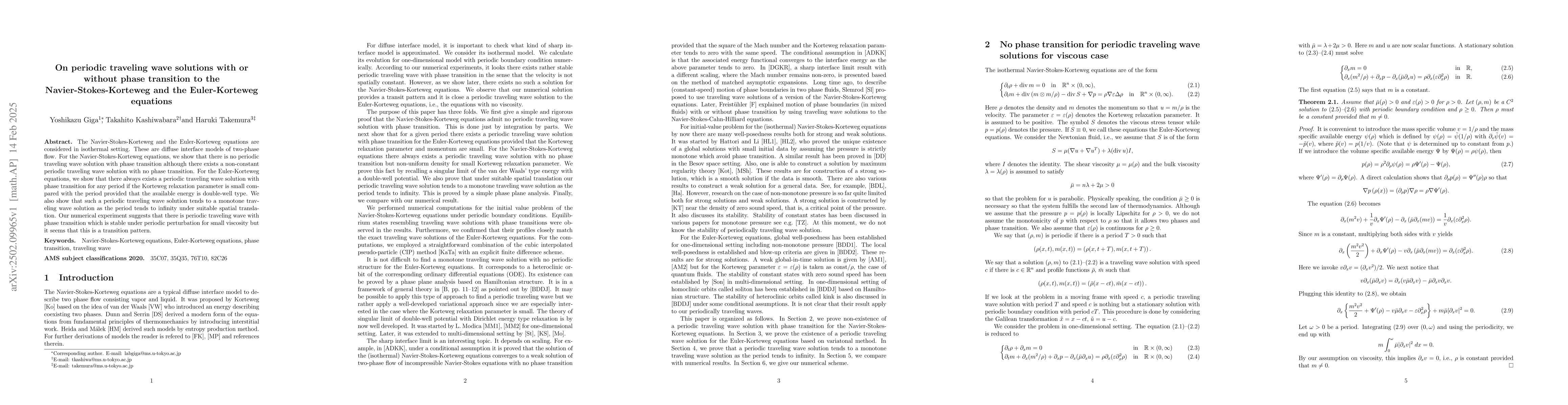 Thumbnail for On periodic traveling wave solutions with or without phase transition to
  the Navier-Stokes-Korteweg and the Euler-Korteweg equations