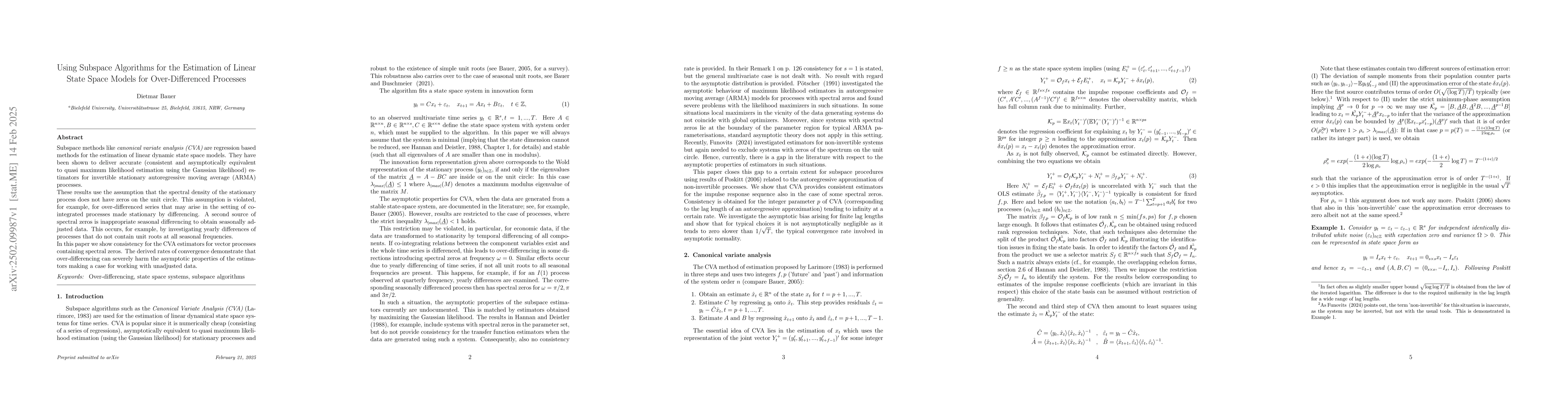 Thumbnail for Using Subspace Algorithms for the Estimation of Linear State Space
  Models for Over-Differenced Processes