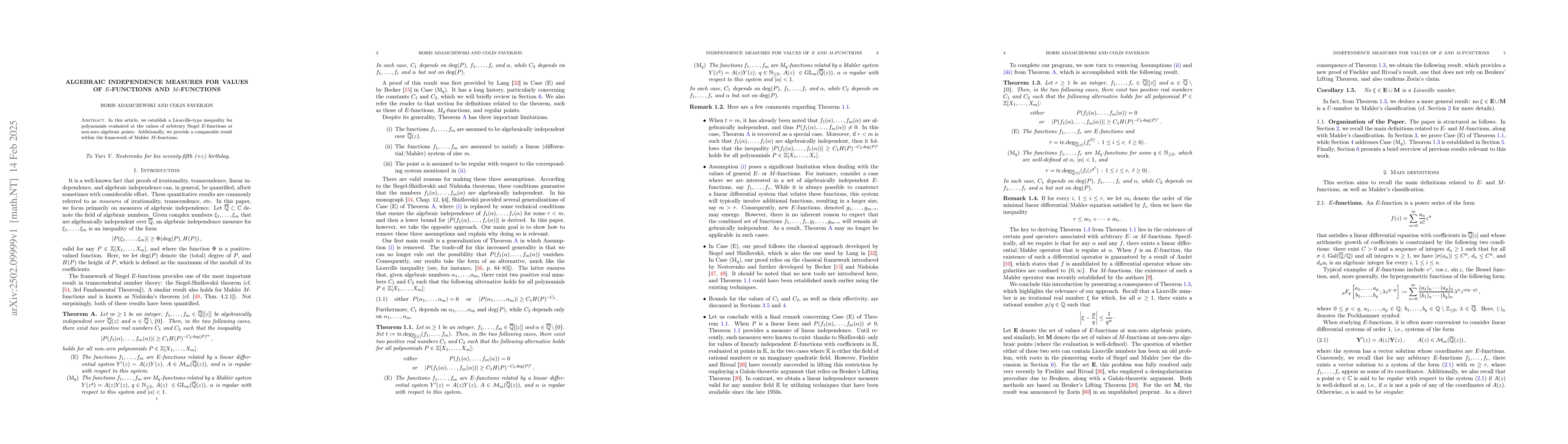 Thumbnail for Algebraic Independence Measures for Values of E-functions and
  M-functions