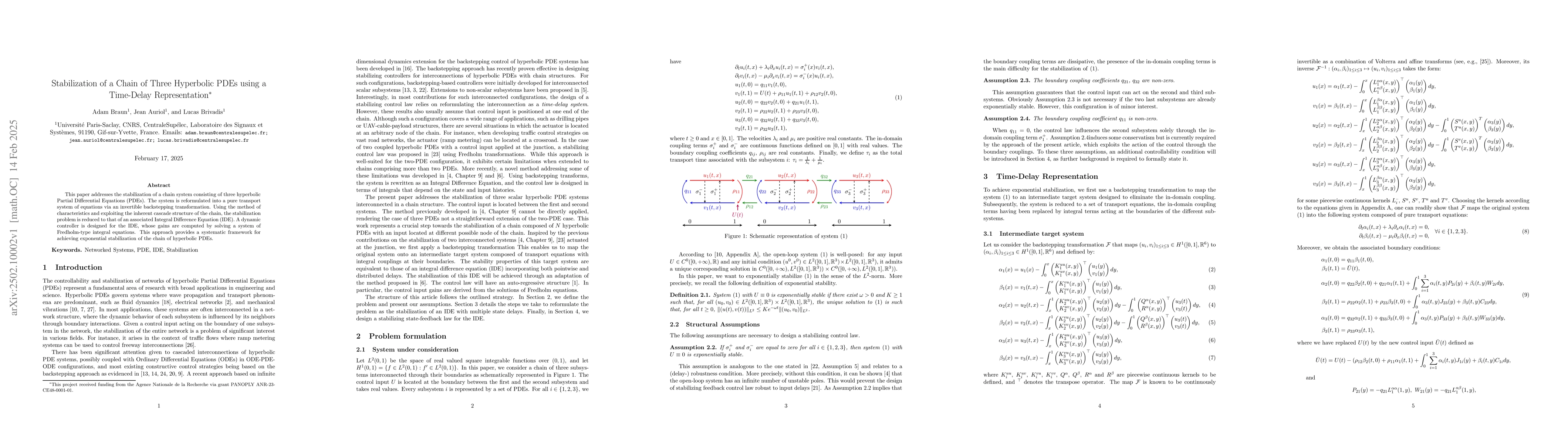 Thumbnail for Stabilization of a Chain of Three Hyperbolic PDEs using a Time-Delay
  Representation
