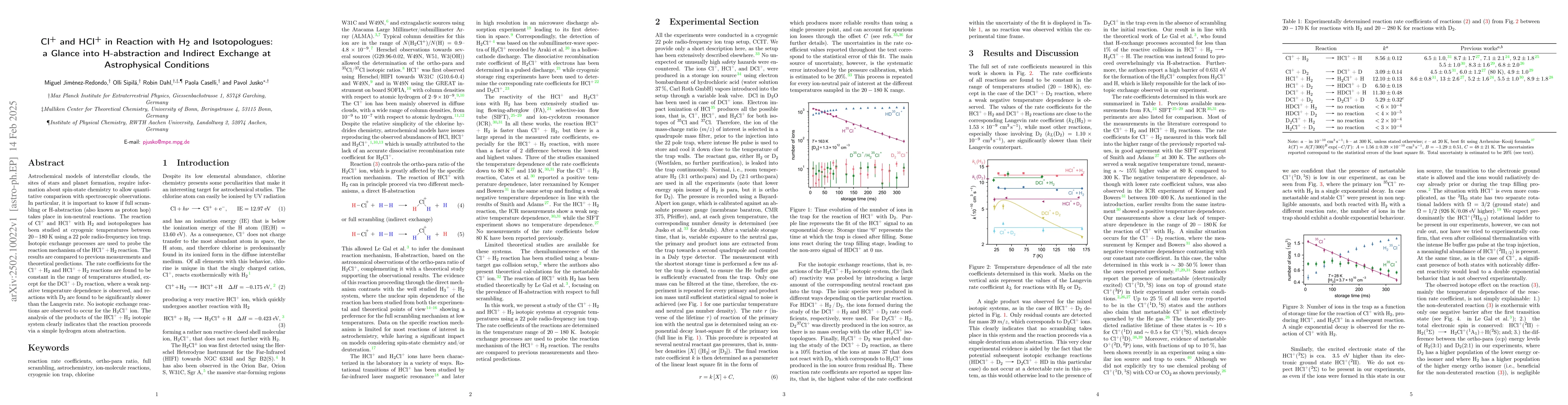 Thumbnail for Cl+ and HCl+ in Reaction with H2 and Isotopologues: A Glance into H
  Abstraction and Indirect Exchange at Astrophysical Conditions