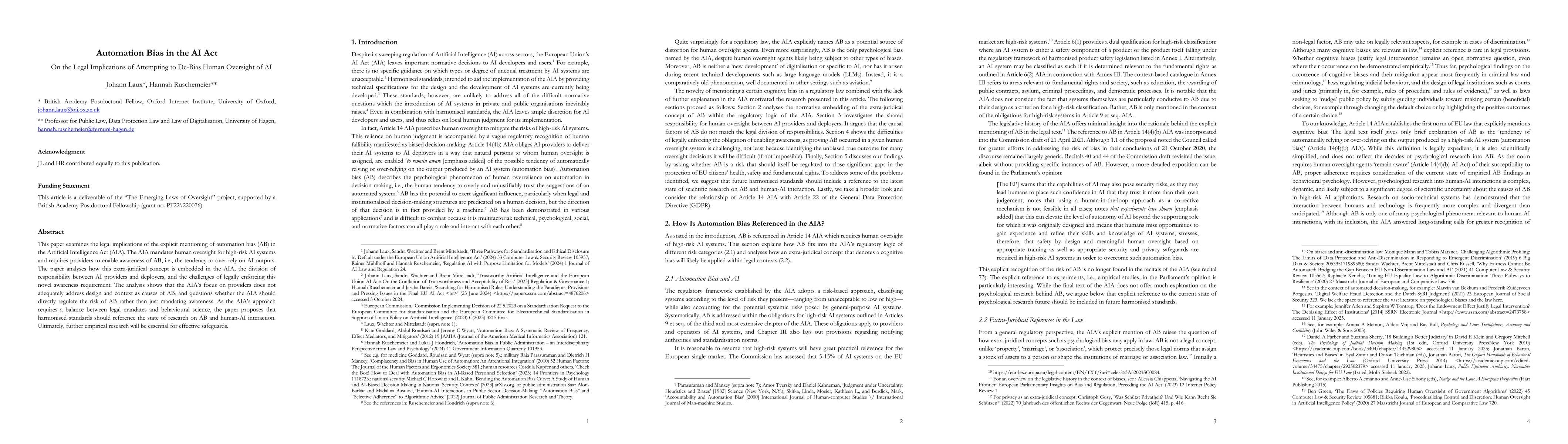 Thumbnail for Automation Bias in the AI Act: On the Legal Implications of Attempting
  to De-Bias Human Oversight of AI