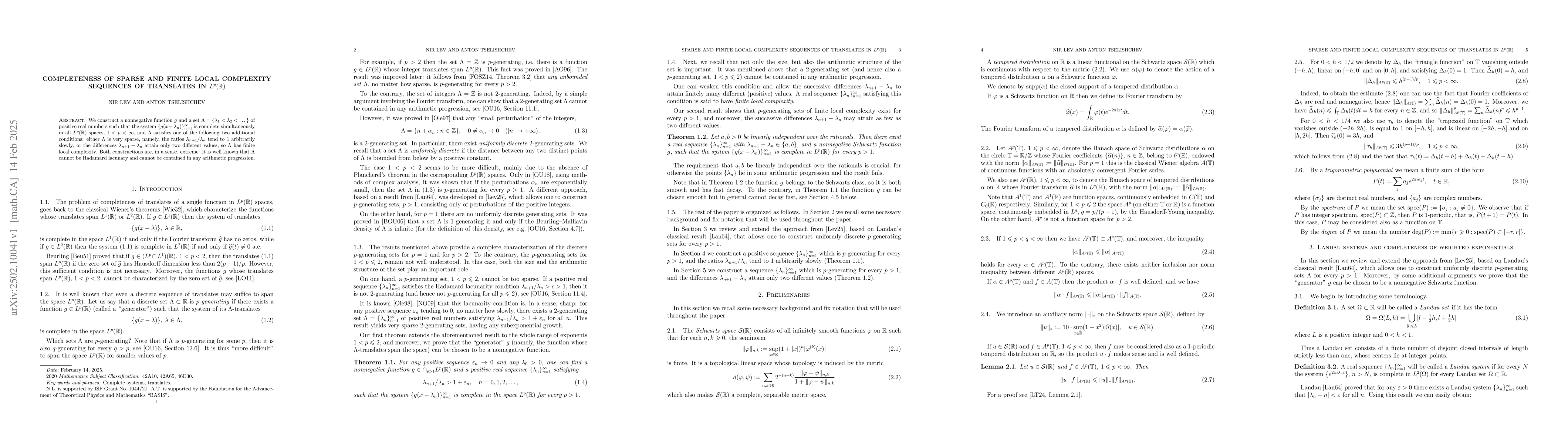 Thumbnail for Completeness of sparse and finite local complexity sequences of
  translates in $L^p(\mathbb{R})$