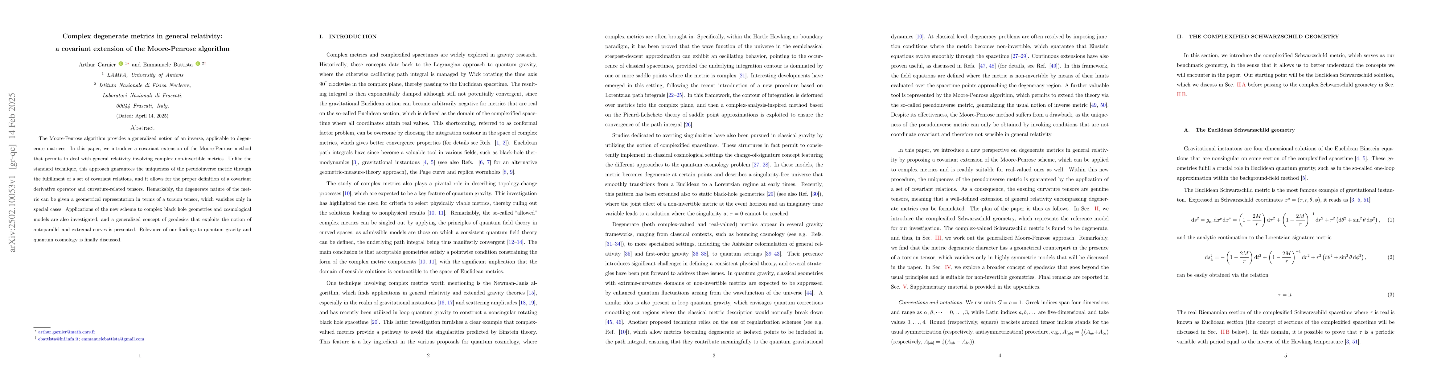 Thumbnail for Complex degenerate metrics in general relativity: a covariant extension
  of the Moore-Penrose algorithm