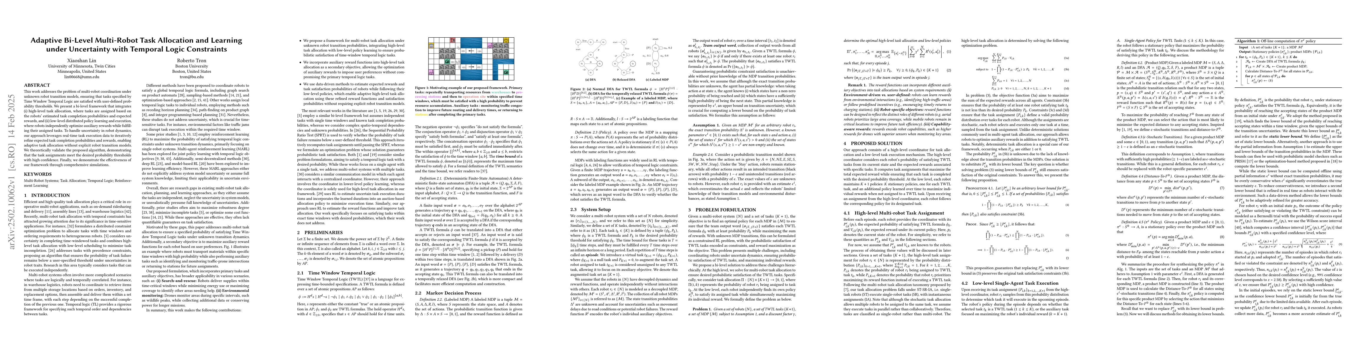 Thumbnail for Adaptive Bi-Level Multi-Robot Task Allocation and Learning under
  Uncertainty with Temporal Logic Constraints