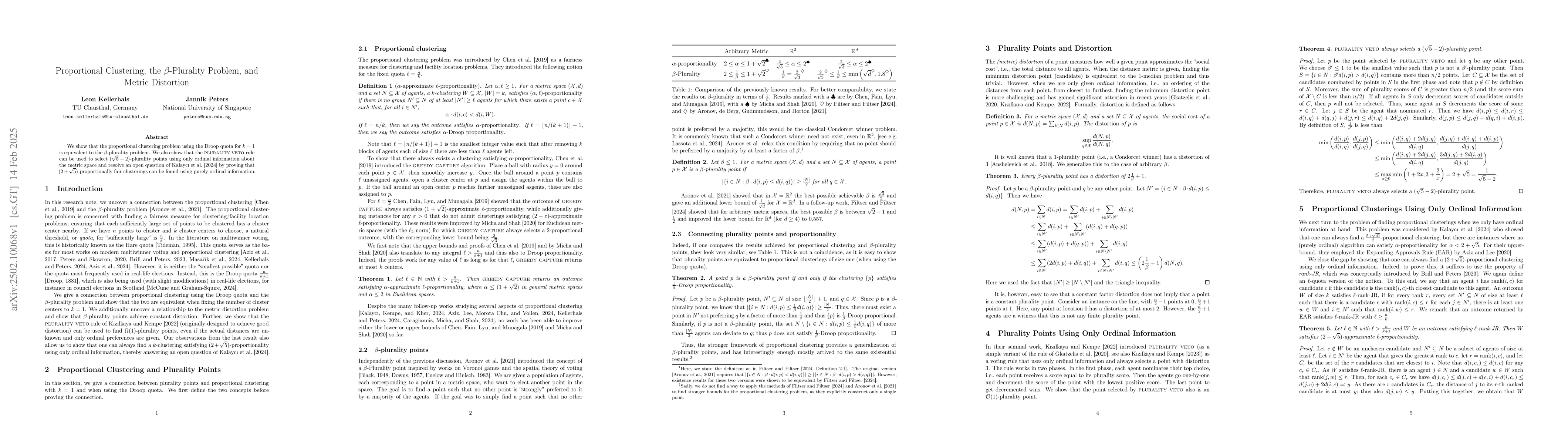 Thumbnail for Proportional Clustering, the $β$-Plurality Problem, and Metric
  Distortion