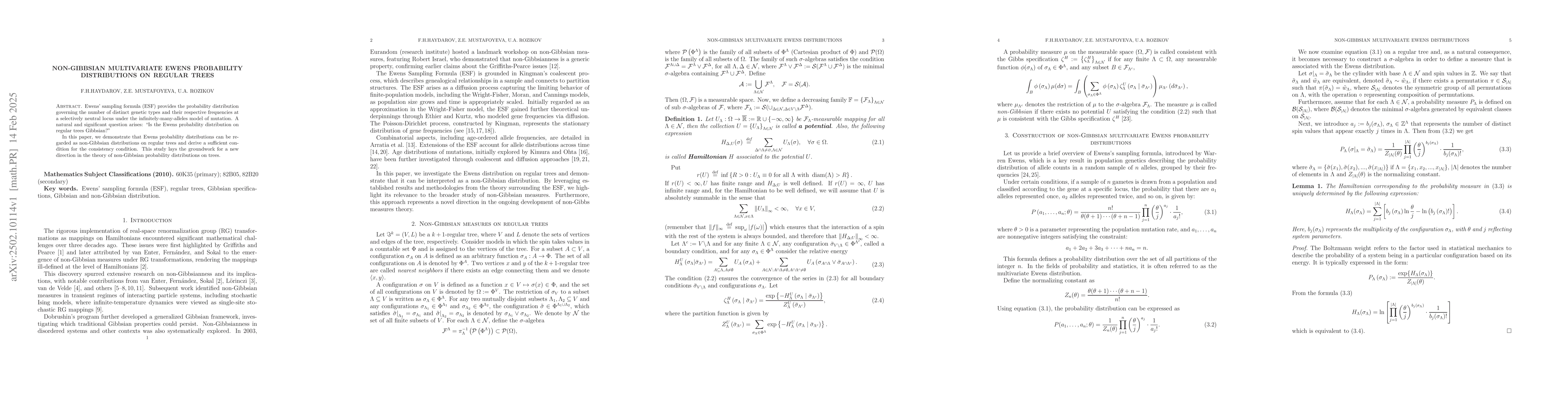 Thumbnail for Non-Gibbsian Multivariate Ewens Probability Distributions on Regular
  Trees