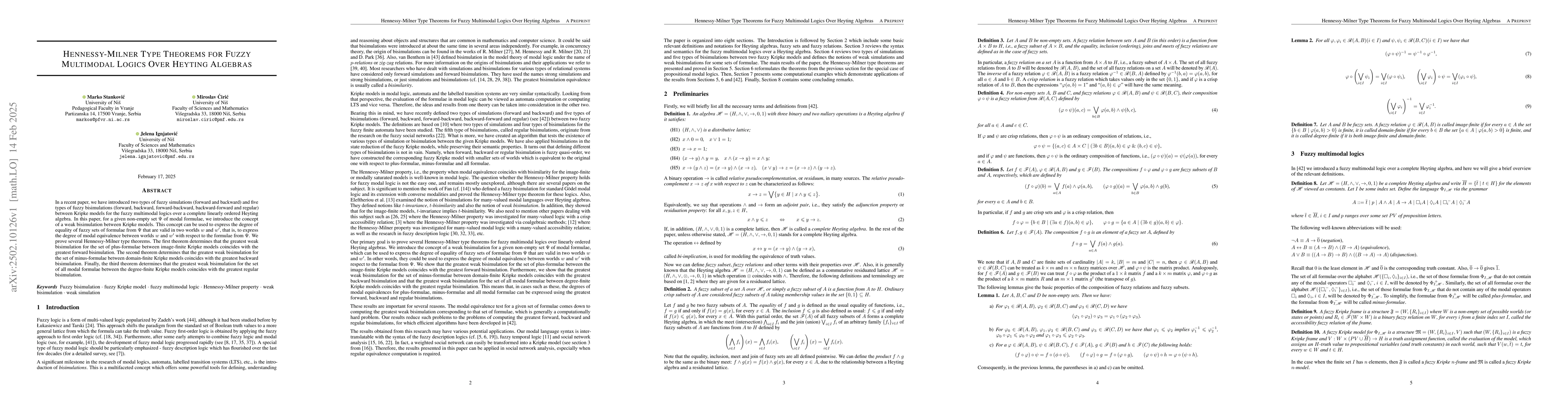 Thumbnail for Hennessy-Milner Type Theorems for Fuzzy Multimodal Logics Over Heyting
  Algebras
