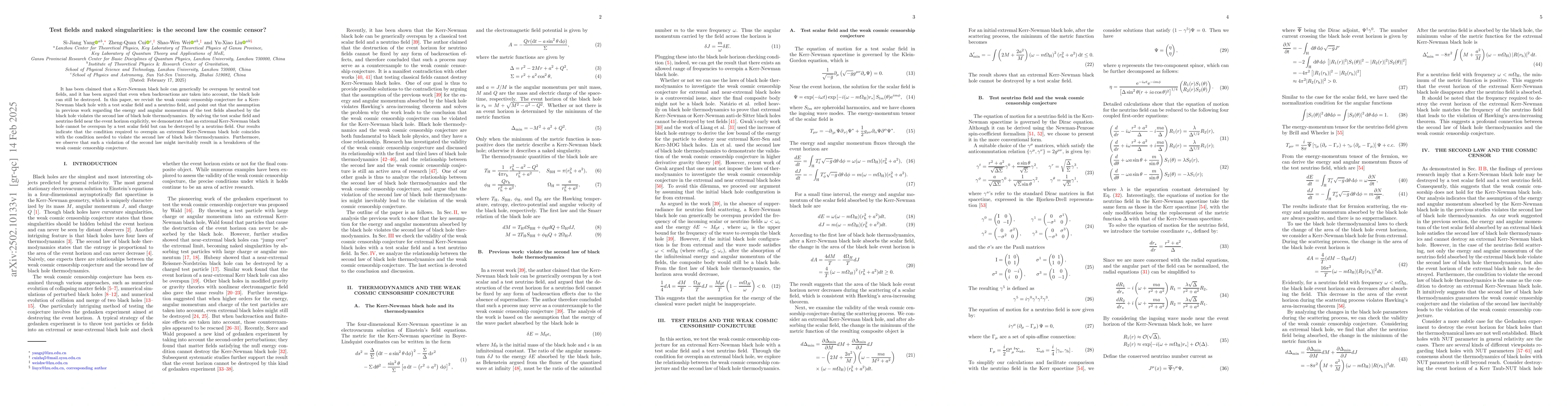 Thumbnail for Test fields and naked singularities: is the second law the cosmic
  censor?