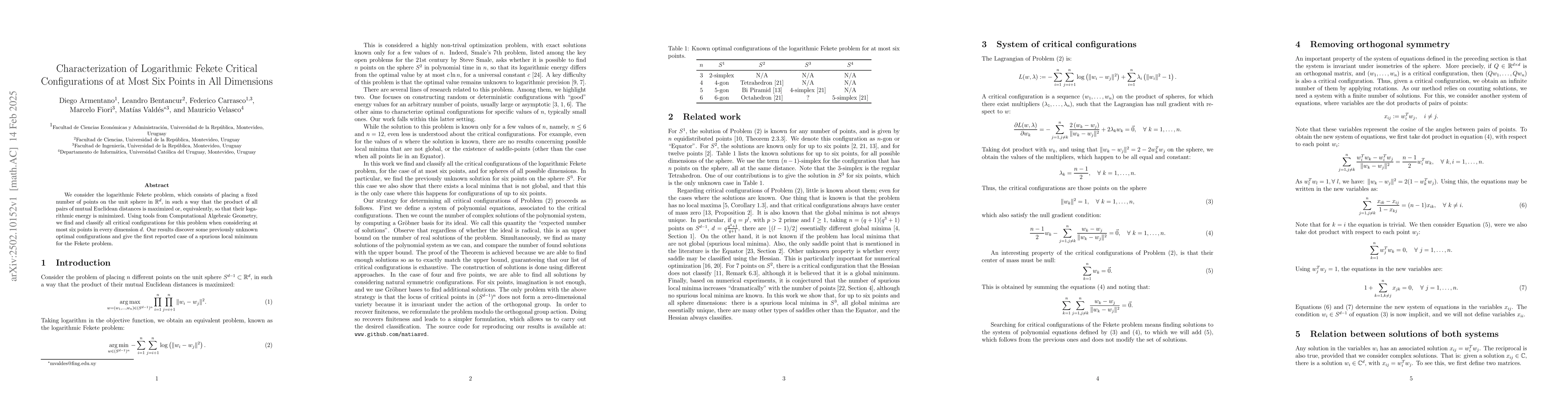 Thumbnail for Characterization of Logarithmic Fekete Critical Configurations of at
  Most Six Points in All Dimensions
