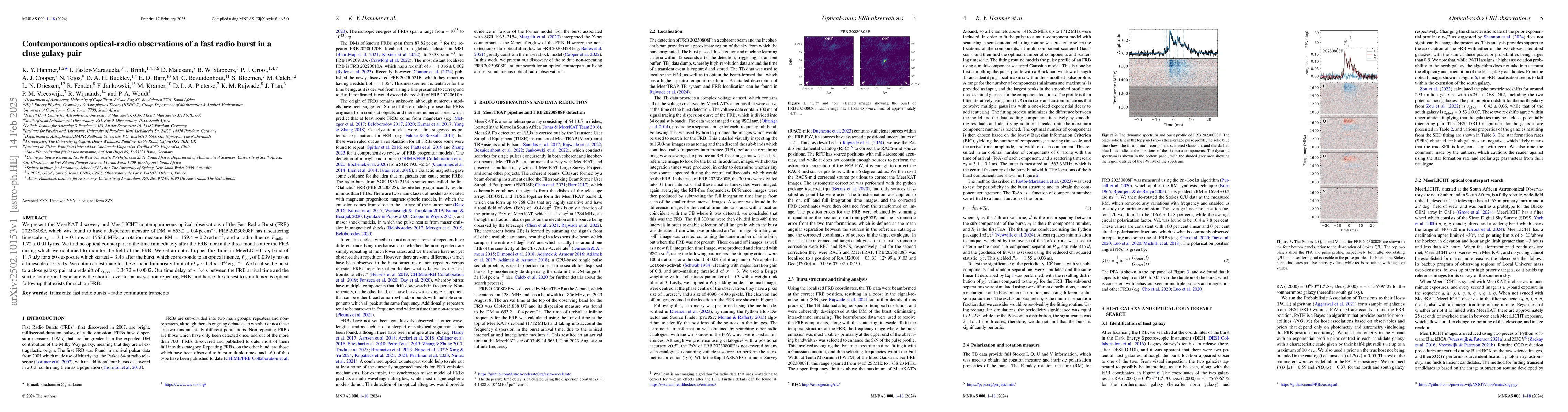 Thumbnail for Contemporaneous optical-radio observations of a fast radio burst in a
  close galaxy pair