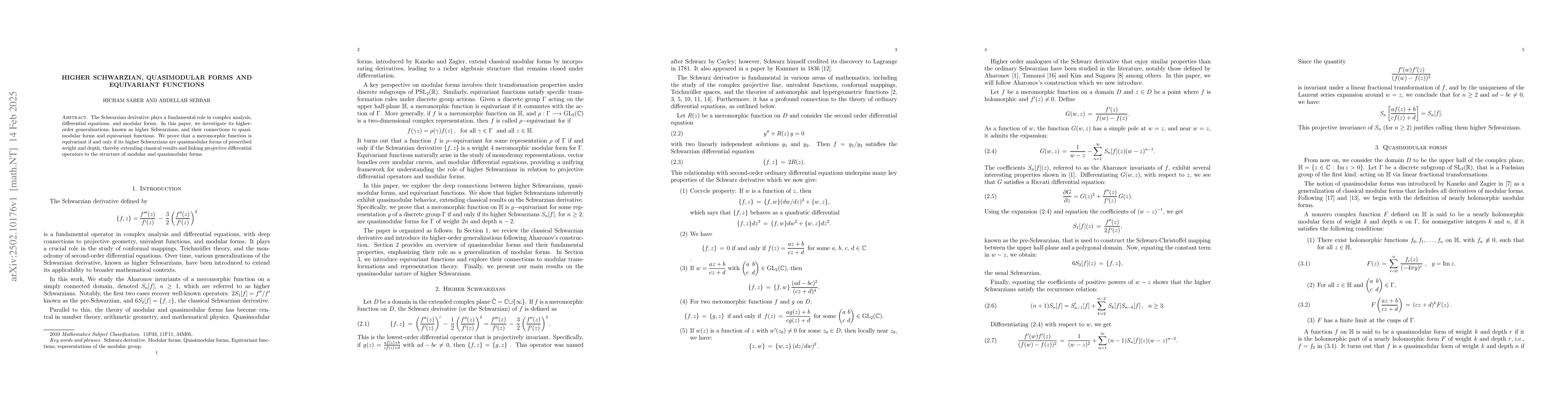 Thumbnail for Higher Schwarzian, quasimodular forms and equivariant functions