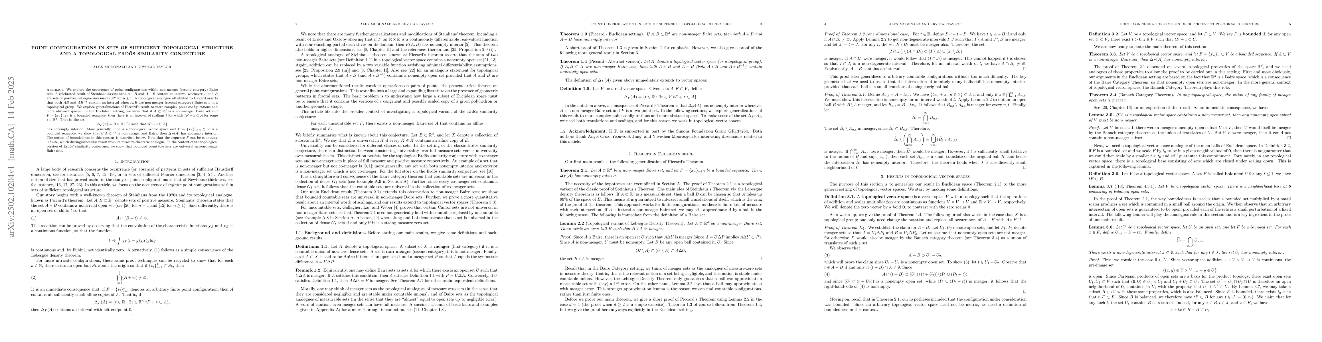 Thumbnail for Point configurations in sets of sufficient topological structure and a
  topological {E}rdős similarity conjecture