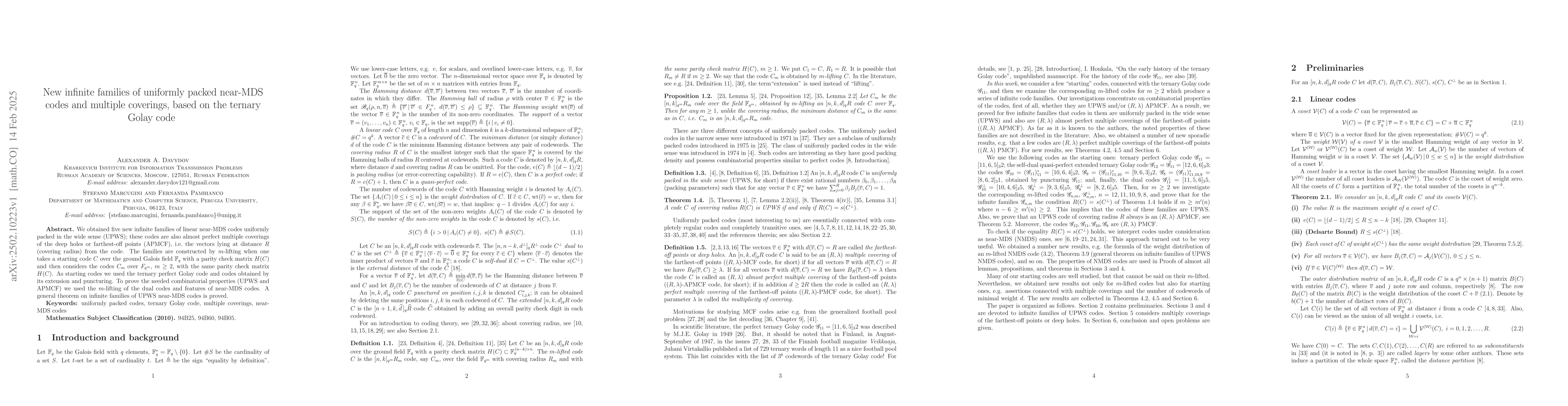 Thumbnail for New infinite families of uniformly packed near-MDS codes and multiple
  coverings, based on the ternary Golay code