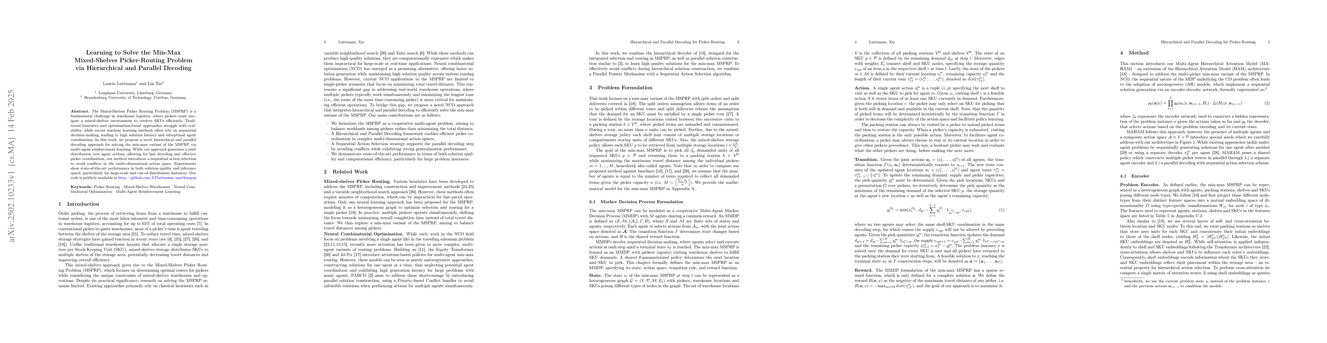 Thumbnail for Learning to Solve the Min-Max Mixed-Shelves Picker-Routing Problem via
  Hierarchical and Parallel Decoding