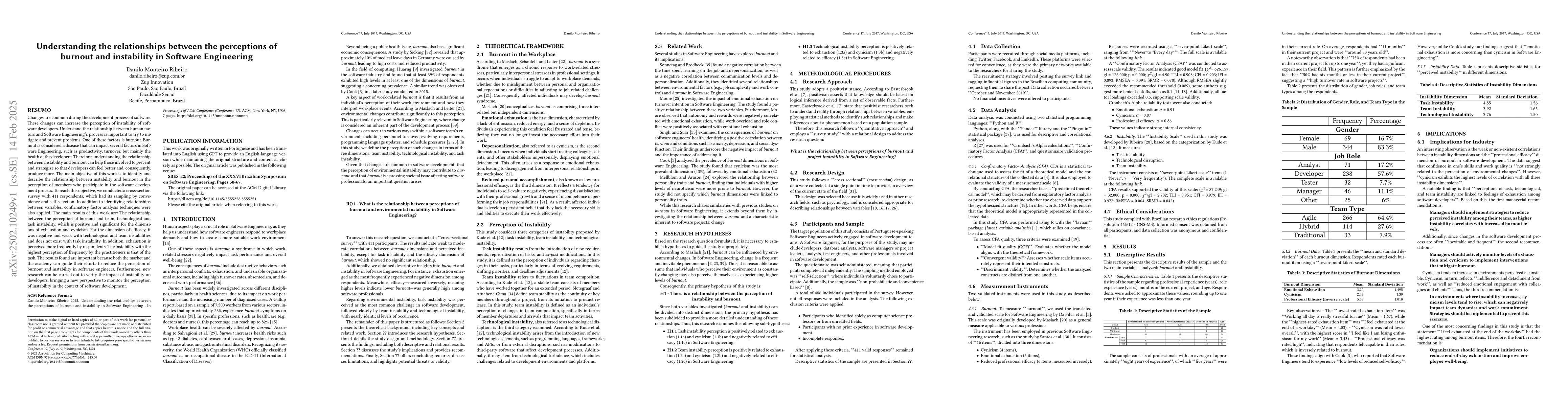 Thumbnail for Understanding the relationships between the perceptions of burnout and
  instability in Software Engineering