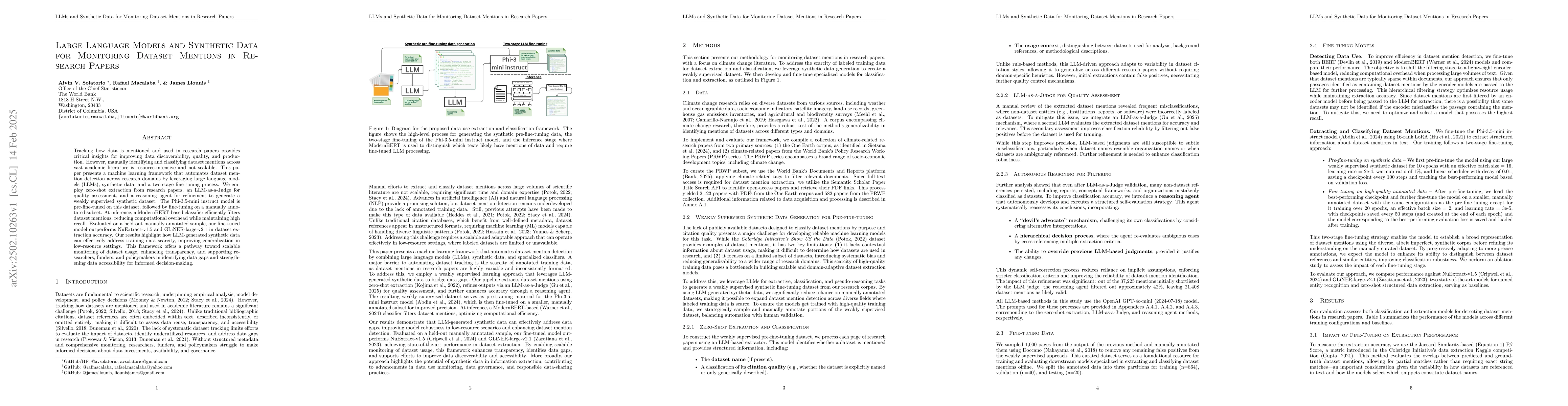 Thumbnail for Large Language Models and Synthetic Data for Monitoring Dataset Mentions
  in Research Papers