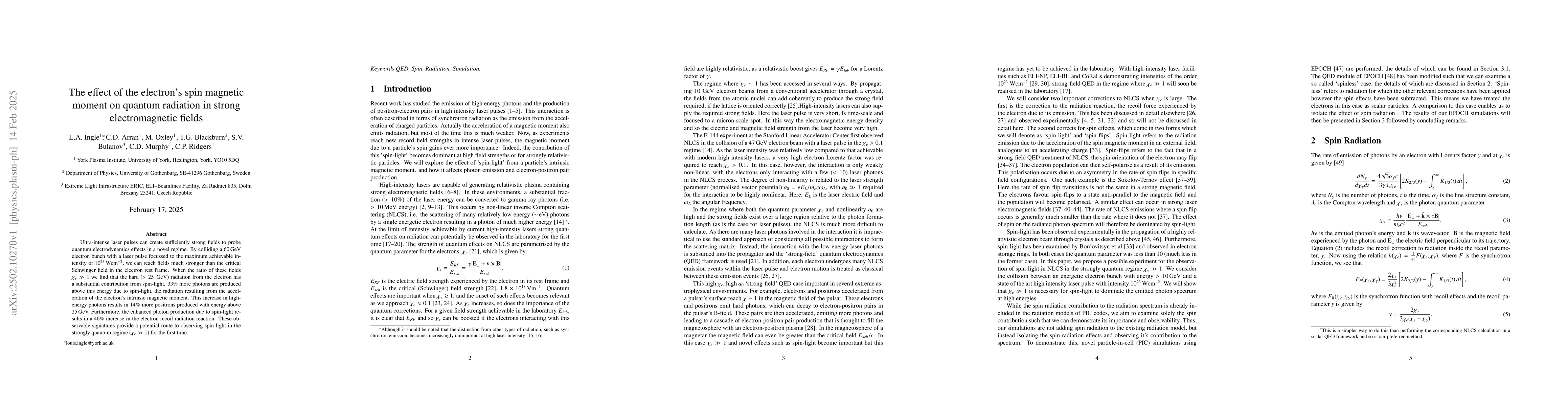 Thumbnail for The effect of the electron's spin magnetic moment on quantum radiation
  in strong electromagnetic fields