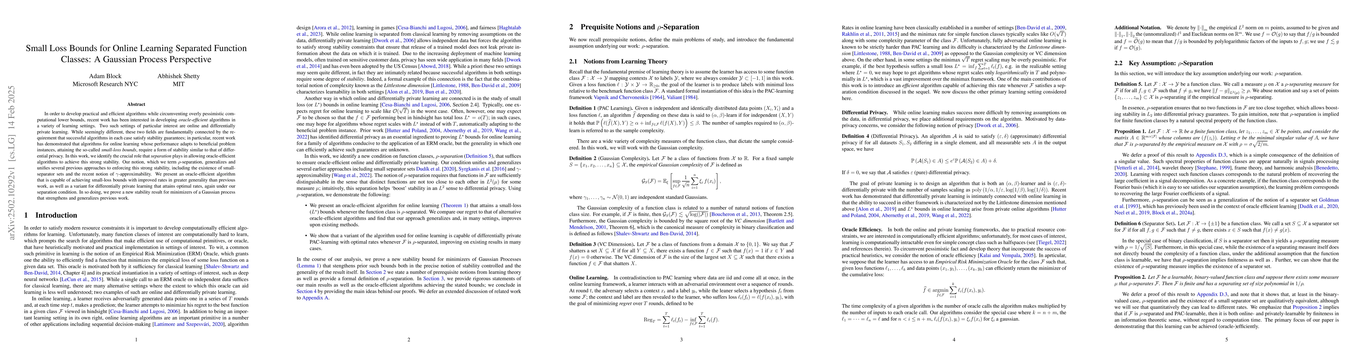 Thumbnail for Small Loss Bounds for Online Learning Separated Function Classes: A
  Gaussian Process Perspective