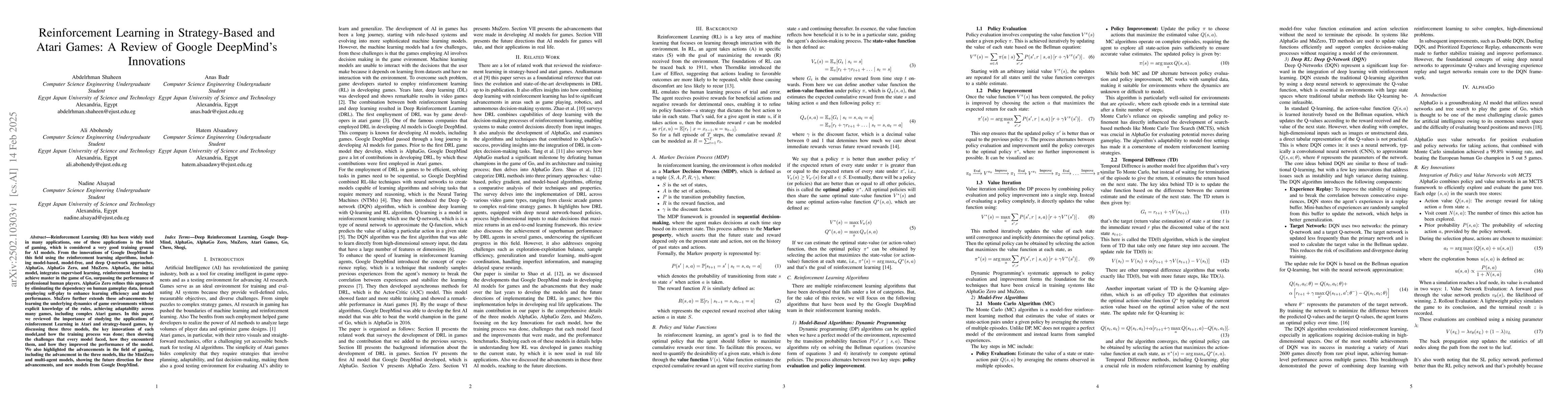Thumbnail for Reinforcement Learning in Strategy-Based and Atari Games: A Review of
  Google DeepMinds Innovations
