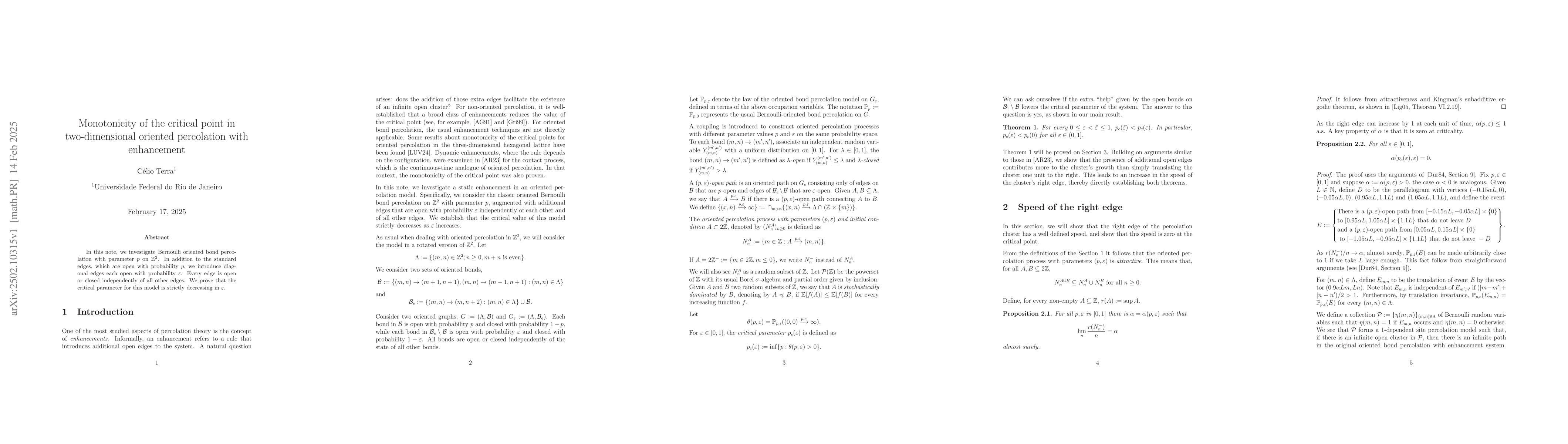 Thumbnail for Monotonicity of the critical point in two-dimensional oriented
  percolation with enhancement