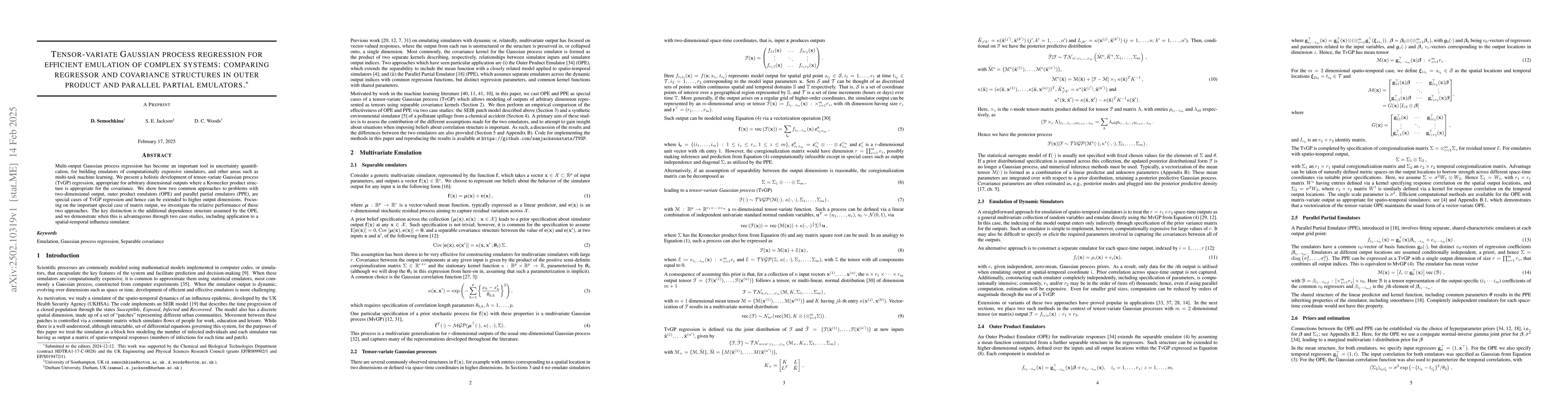 Thumbnail for Tensor-variate Gaussian process regression for efficient emulation of
  complex systems: comparing regressor and covariance structures in outer
  product and parallel partial emulators