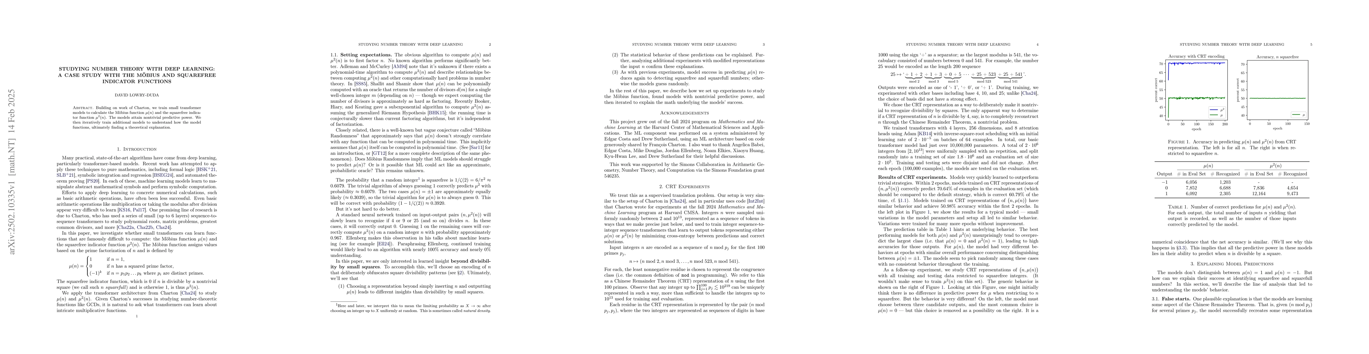 Thumbnail for Studying number theory with deep learning: a case study with the
  MĂśbius and squarefree indicator functions