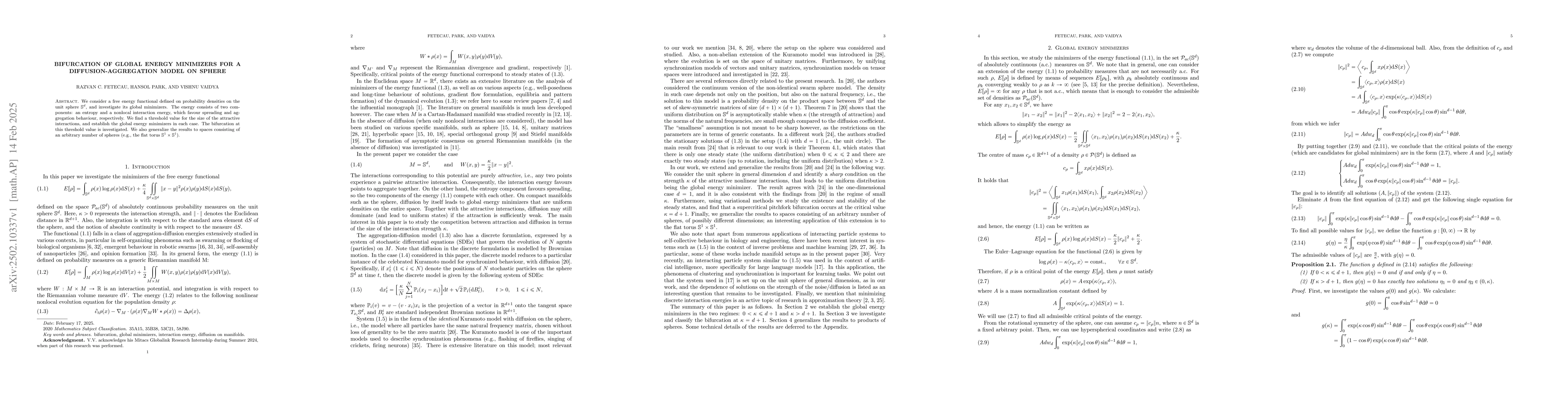 Thumbnail for Bifurcation of global energy minimizers for a diffusion-aggregation
  model on sphere