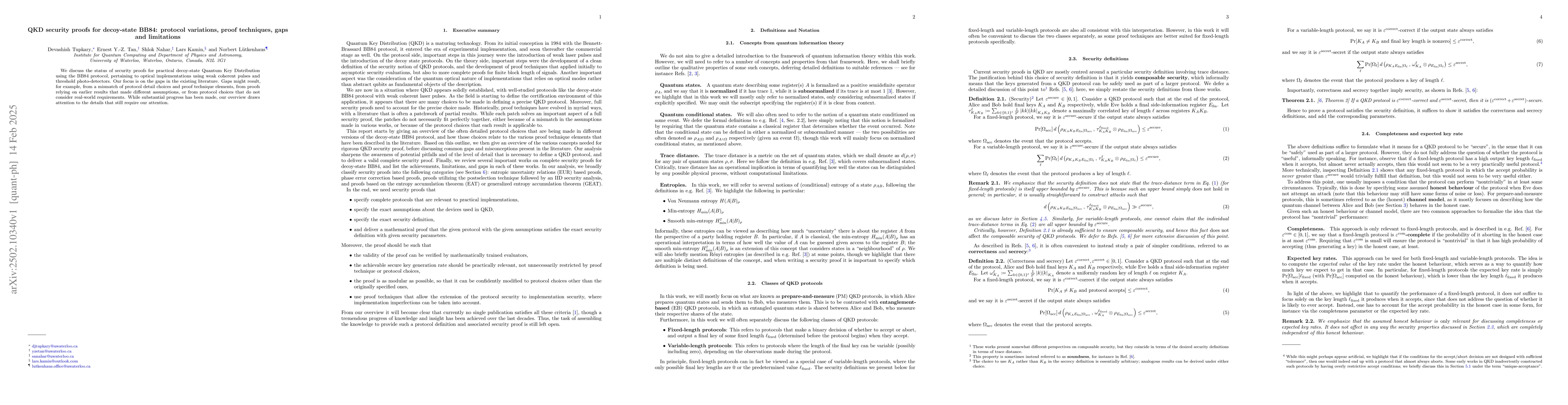Thumbnail for QKD security proofs for decoy-state BB84: protocol variations, proof
  techniques, gaps and limitations