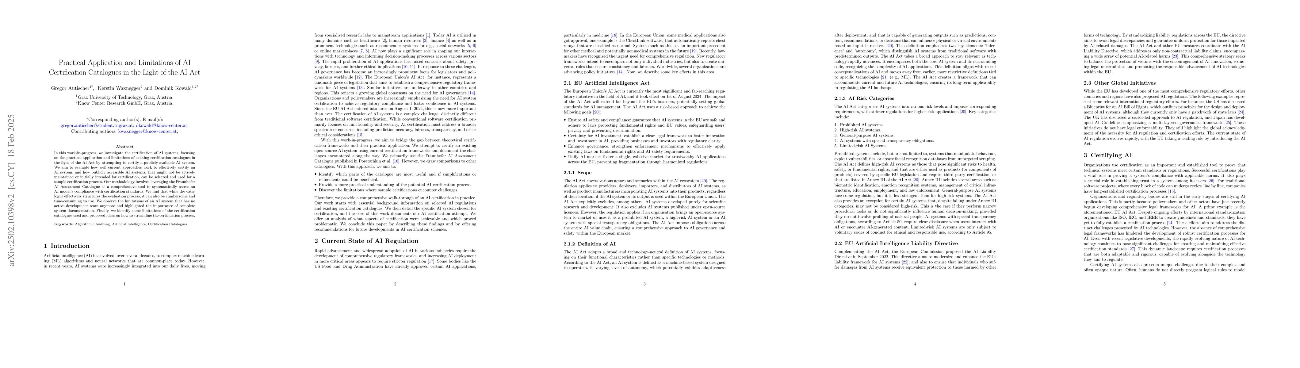 Thumbnail for Practical Application and Limitations of AI Certification Catalogues in
  the Light of the AI Act