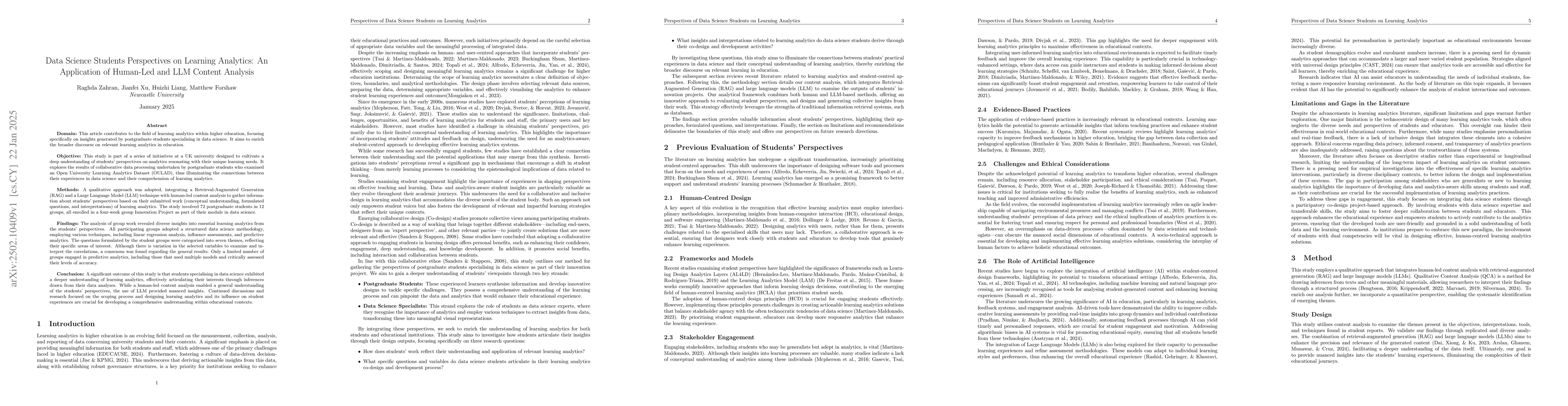 Thumbnail for Data Science Students Perspectives on Learning Analytics: An Application
  of Human-Led and LLM Content Analysis
