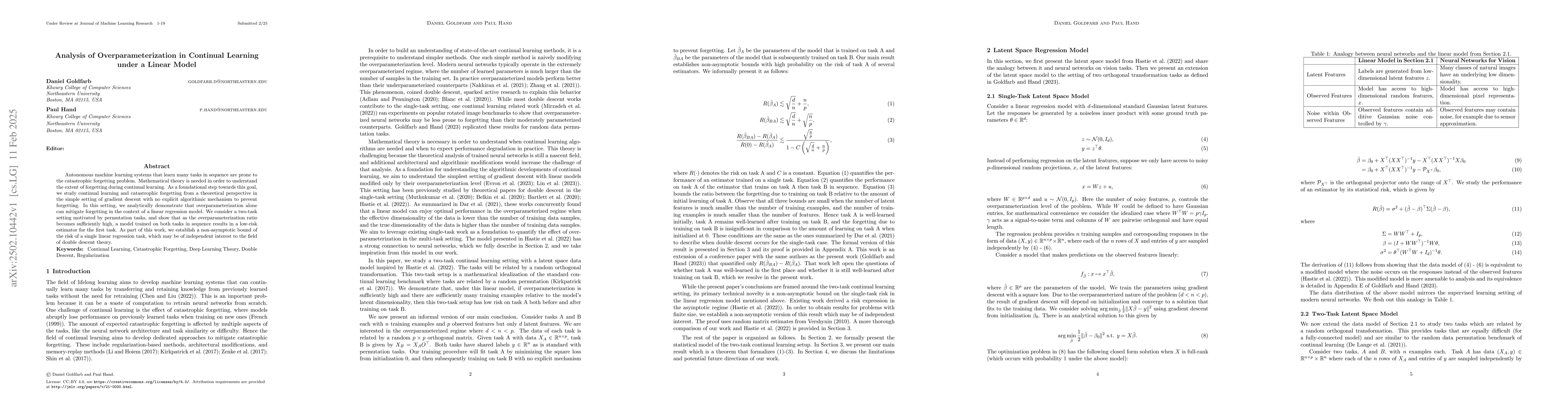 Thumbnail for Analysis of Overparameterization in Continual Learning under a Linear
  Model