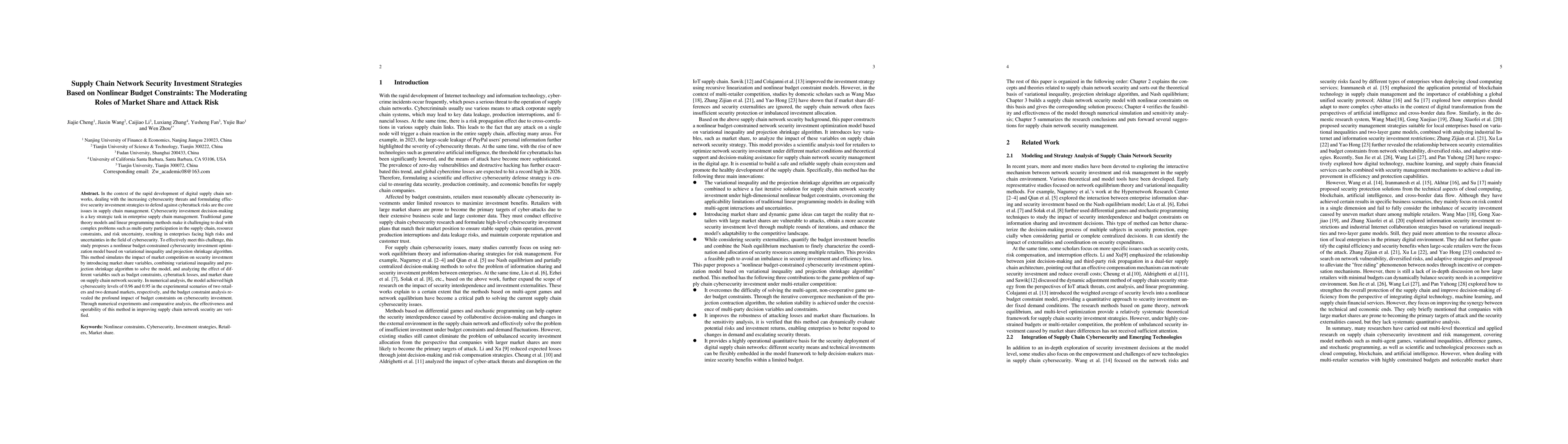 Thumbnail for Supply Chain Network Security Investment Strategies Based on Nonlinear
  Budget Constraints: The Moderating Roles of Market Share and Attack Risk