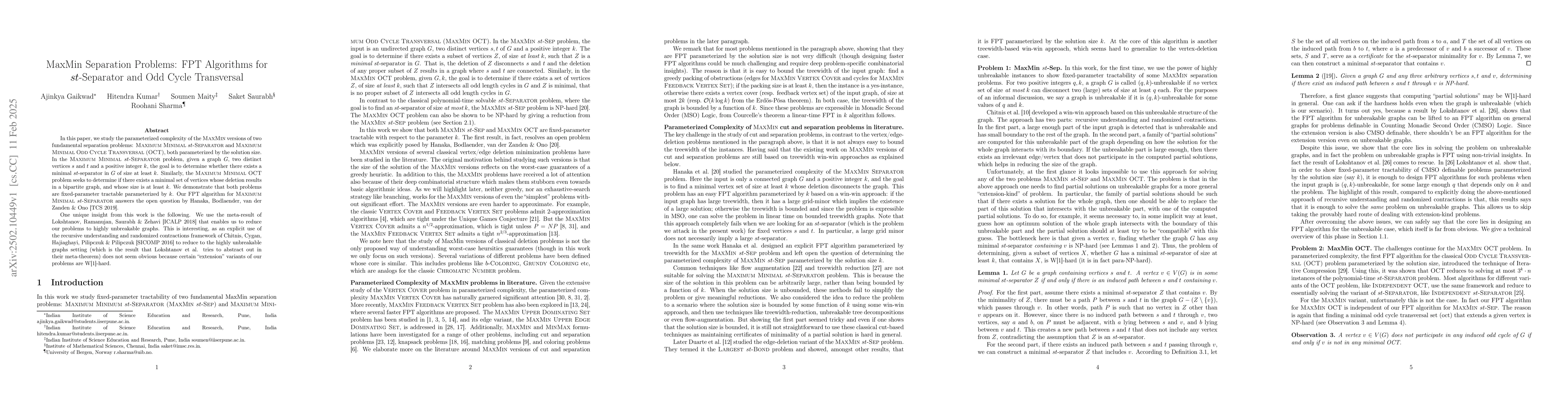 Thumbnail for MaxMin Separation Problems: FPT Algorithms for $st$-Separator and Odd
  Cycle Transversal