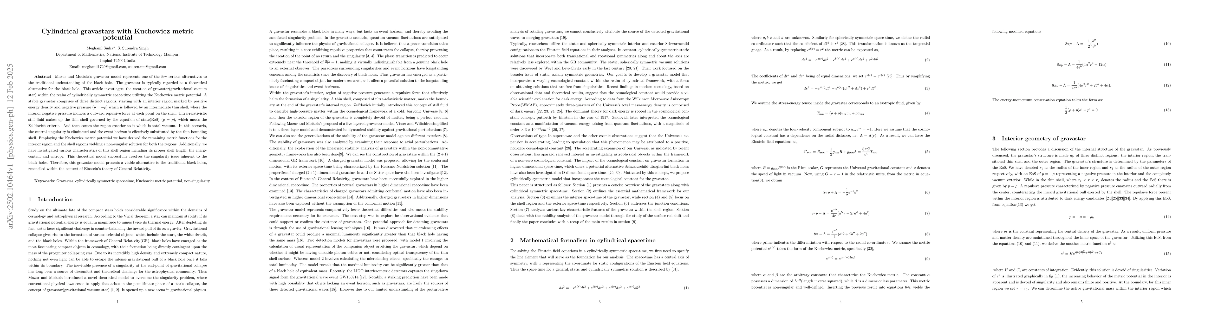 Thumbnail for Cylindrical gravastars with Kuchowicz metric potential