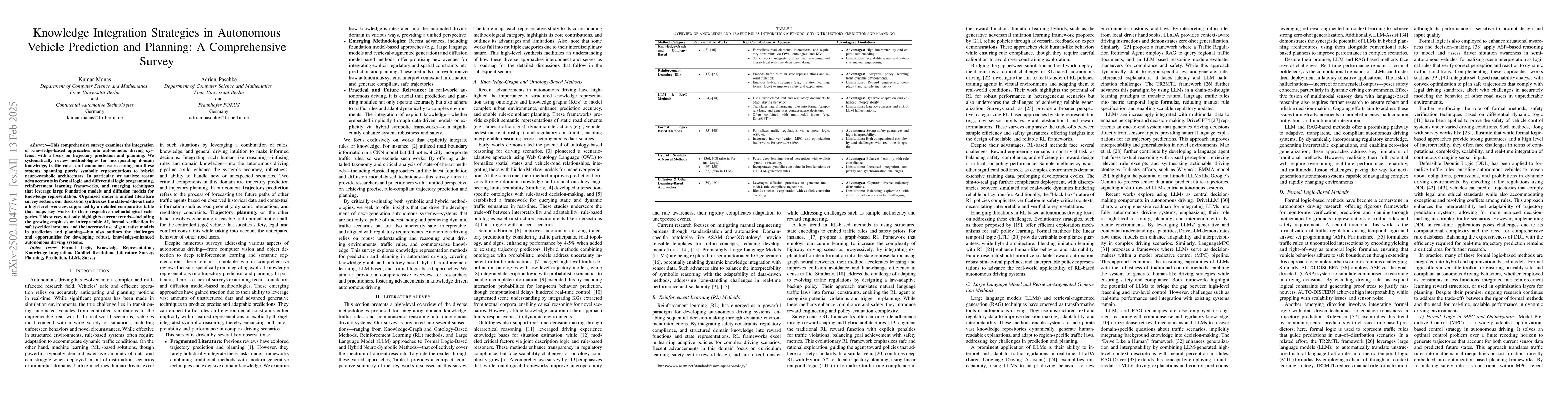 Thumbnail for Knowledge Integration Strategies in Autonomous Vehicle Prediction and
  Planning: A Comprehensive Survey