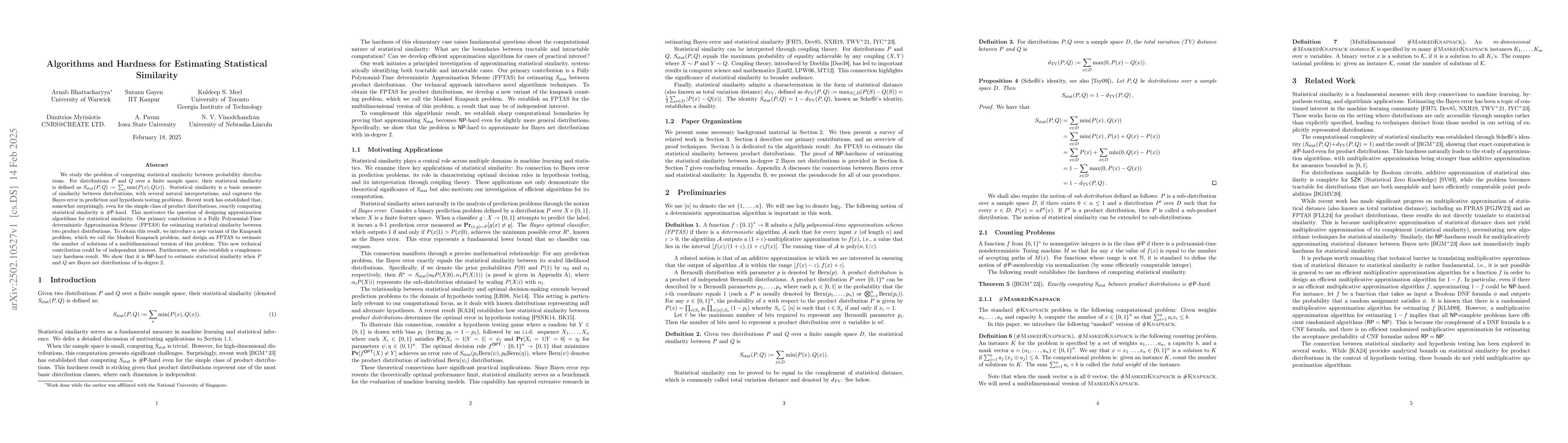 Thumbnail for Algorithms and Hardness for Estimating Statistical Similarity