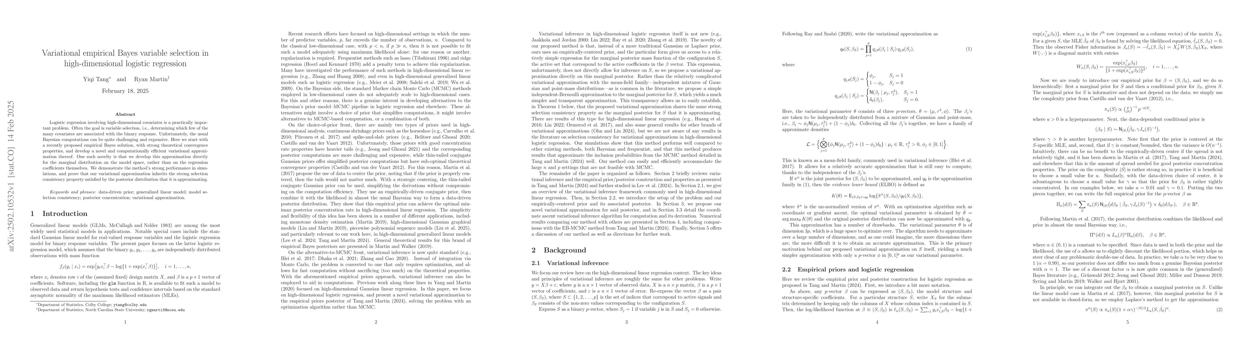 Thumbnail for Variational empirical Bayes variable selection in high-dimensional
  logistic regression